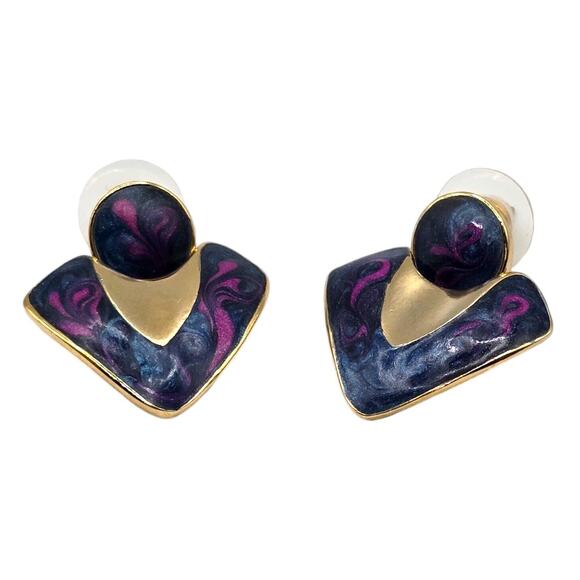Pierced Earrings Retro Swirl Enamel Blue Purple Pink Colors Gold Tone SKU 2296 - Picture 1 of 6